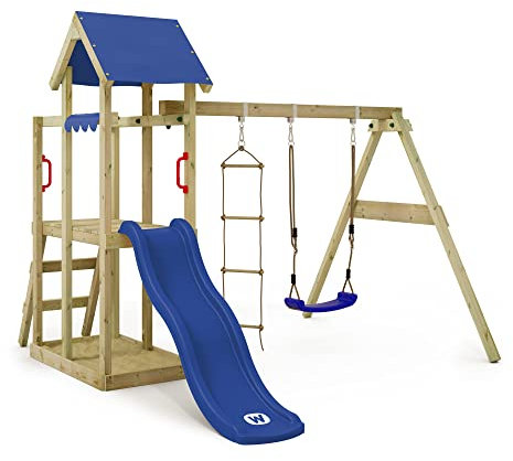 WICKEY Lektorn klätterställning TinyPlace med gunga och blå rutschkana, utomhus barn klättertorn med sandlåda, stege och lektillbehör för trädgården