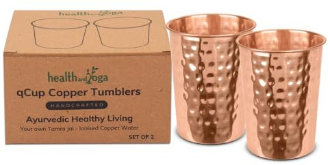 HealthAndYoga™ qCup Lot de 2 gobelets en cuivre pur pour la santé ayurvédique 250 ml (martelé)