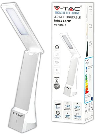V-TAC Lampada da Tavolo LED Ricaricabile – Design Moderno – Dimmerabile 3 in 1 con Comandi Touch – Lampada Bianca e Argento da Ufficio e Scrivania con Protezione Occhi – Testa Ruotabile 120°, VT-1014