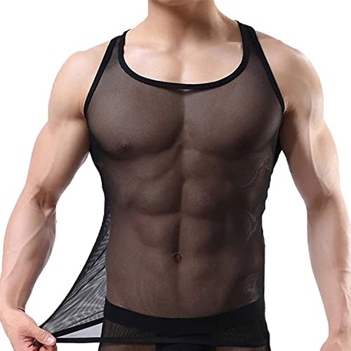 Camiseta Tirantes Malla Sexy Hombre Chaleco Rejilla sin Mangas Transparente Ropa Interior Elástica Dormir Camiseta Gimnasio Transpirable Culturismo Muscular Entrenamiento Lencería Traje Baño