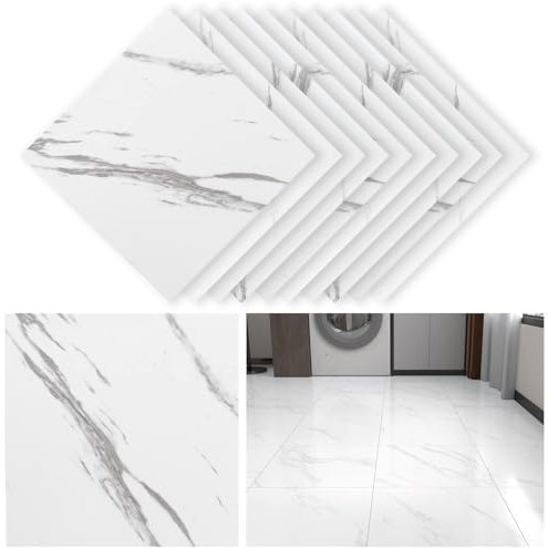 10 Sheets Vinyl Floor Tiles Self Adhesive Floor Sticker Kitchen Waterproof Marble White Vinyl Flooring Peel and Stick Floor Tile for Living Room 30x30cm