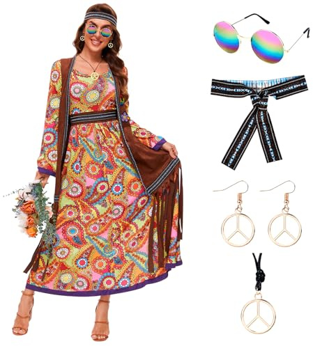 JONRRYIN 60er Jahre Kostüm Damen, Hippie Kleidung Damen Kostüm, 70er Disco Halloween Outfits, Hippie Damen Kleid Set für Karneval Party, 60er Jahre Bekleidung Accessoires