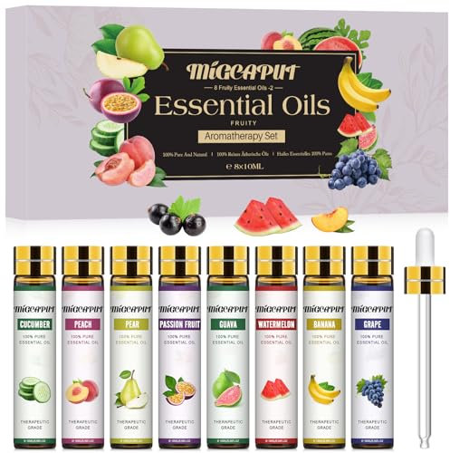 Migcaput 8X10ml Fruchtiges Ätherische Öle Set, Naturrein Ätherische Öle, Essential Oils Duftöle für Diffuser Luftbefeuchter Kerzen- Passionsfrucht,Guave, Pfirsich, Wassermelone,Gurke
