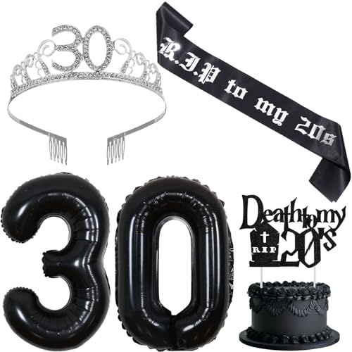 JOYMEMO Decoraciones de cumpleaños número 30 para mujer, color negro, banda y corona de Rip to My 20s, decoración de pastel de Death to My 20s, globo número 30 para suministros de fiesta de cumpleaños