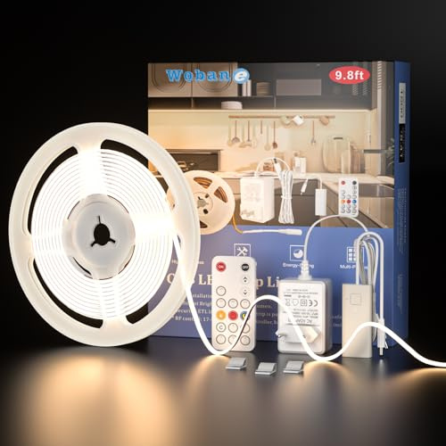 WOBANE 3 Metros Tira Led COB Blanco Natural 4000K con Mando a Distancia | CRI 94, 320 LED/M, Regulable, Adhesivas, con Alimentación 12V para Cocina Bajo Mueble, Escaparate, Gabinete, Habitacion