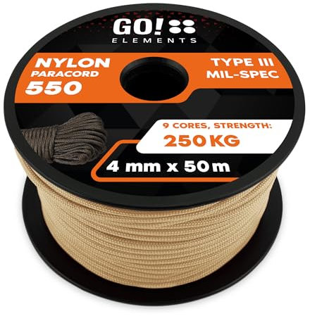 GO!elements Paracord in nylon 4mm – 550 Tipo III originale, linea multifunzionale adatta per uso militare o come altalena | portata max. 250kg