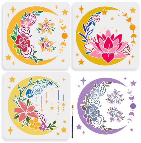 MAYJOYDIY 3 Stück Mondblumen Schablone 30×30cm Florale Mond Stern Malschablonen Mit Pinsel Verträumte Lotusblume Mondphasen Vorlage Zum Malen Für Holz Leinwand Papier Stoff Wanddekorationen