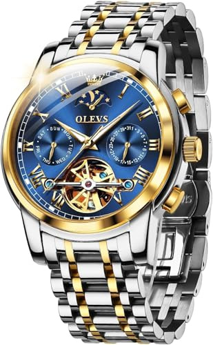 OUPINKE Herrenuhr Automatik Luxus Skelett Mechanik mit Mondphase Tourbillon Tag Datum Wasserdicht Luminous Edelstahlarmband