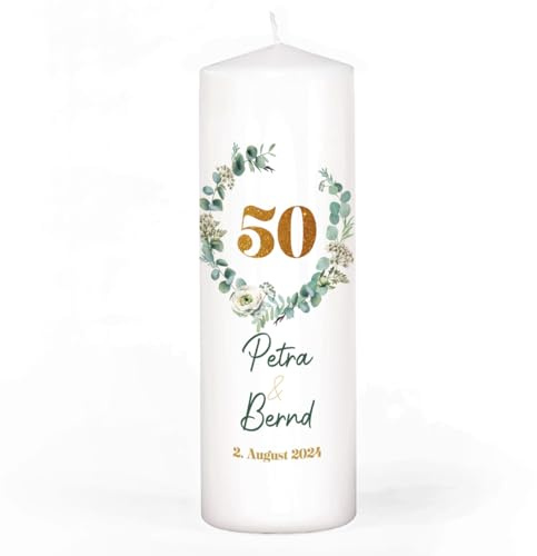 Herz & Heim® Kerze zur Goldenen Hochzeit, 4 Motive mit Eukalyptus zur Wahl, personalisiert mit Namen & Datum (Motiv 1)