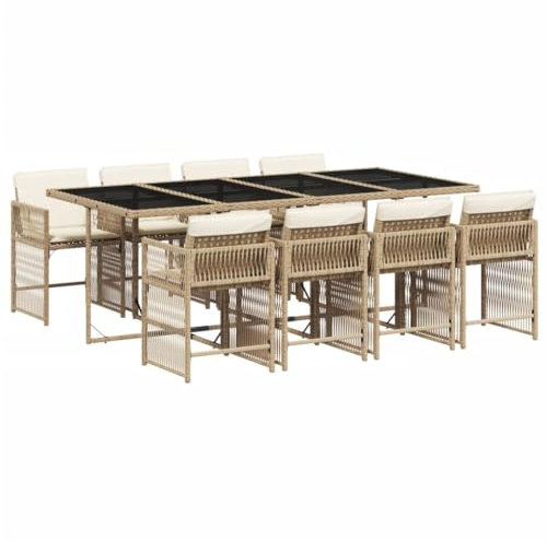 vidaXL Garten Essgruppe 9-TLG., Gartenmöbel Set Tisch mit 8 Stühle, Gartengarnitur mit Kissen, Sitzgruppe Essgarnitur Terrasse, Beige Poly Rattan