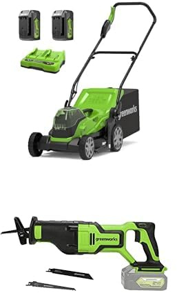 Greenworks 48V (2x24V) Kabelloser Akku Rasenmäher, 36 cm Schnittbreite, 2 x 24V 4Ah-Akkus & Doppelladegerät + Greenworks GD24RS Akku Säbelsäge, 3 Jahre Garantie