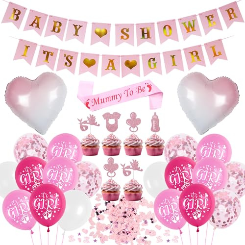 Sroeeshee Baby Shower Decorations for Girls - Pink Baby Shower It’s a Girl Banners and Heart Foil Balloons, Mummy to Be Sash Cupcake Toppers and Confetti for Newborn Gender Reveal Party Supplies