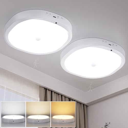 LED Deckenleuchte mit 10000mAh Akku Wiederaufladbar, Deckenlampe Dimmbar | mit Bewegungsmelder, 3 Farbtemperaturen, Fernbedienung mit Timer, Lampe für Flur, Keller, Treppenhaus, Badezimmer, 19cm, 2 P