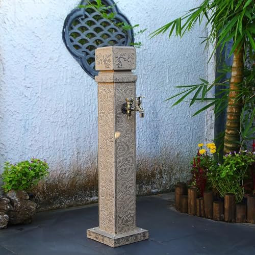 Fontaine de Jardin Exterieur, Colonne d'eau de Jardin Verticale Carrée Rétro avec Robinet, Hauteur 94 cm, Fontaine Décorative D'extérieur pour Terrasse/Jardin