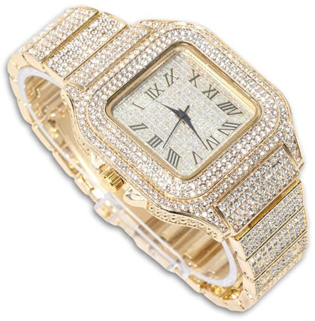 Richhut Diamantklocka för män, 20 mm brett band, guldpläterat i 18K äkta guld/vitguld, platina/roséguld/svart rodium, med valfri kubansk länkkedja, present till pojkvän make, Endast guldklocka