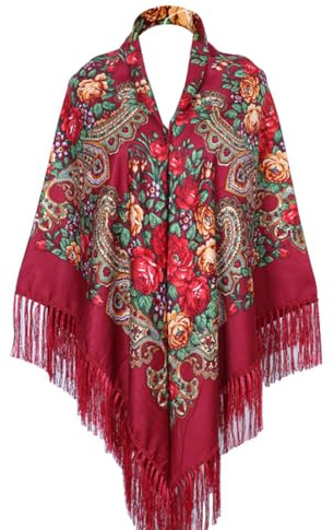 LOVNBHELP Russian Style Muffler Scarf Women's Traditional Scarf Wrap with Tassel Neck Head Retro Shawl Fringes Printing Cape/Dark Red