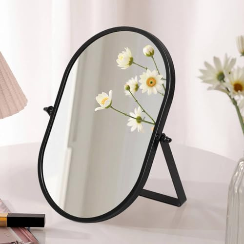 Gosider Schminkspiegel Tischspiegel Oval Schwarz Metallrahmen Tragbar Einseitig Drehbar Hochglanz Spiegel Standspiegel für Schminktisch Badezimmer Schlafzimmer Büro
