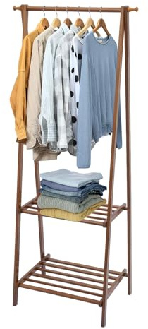 Dokiiovo Klappbarer Kleiderständer, Garderobenständer aus Bambus, Kleiderständer mit Stange und Regal, Freistehender Kleiderstange für Schlafzimmer, Umkleideräumen, Flure, 66x40x160 cm (Tawny)