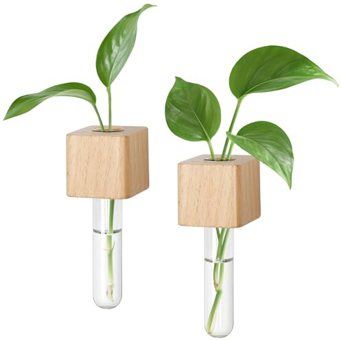 Magnetic Test Tube Flower Vases for Refrigerator, Set of 2 Wooden Fridge Magnet Planters with Glass Tubes – Light & Dark Wood Color, Propagation Station for Hydroponic Display (No Plant Included)