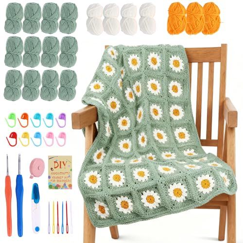 Weskjer Crochet Daisy Granny Square Blanket Kit for Beginners Adults