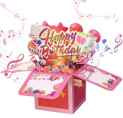 LIHAO Geburtstagskarte Frau mit Musik Licht Geburtstagskarten Geburtstag Pop Up Karte Mann Geschenk Happy Birthday Rosa