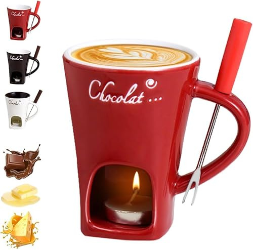 Chocolate Fondue Mug with Fork, Chocolate Fondue Cup, Personal Ceramic Chocolate Melting Cup,Chocolate Melting Mug for Date Night Birthday Wedding Gifts (Red)