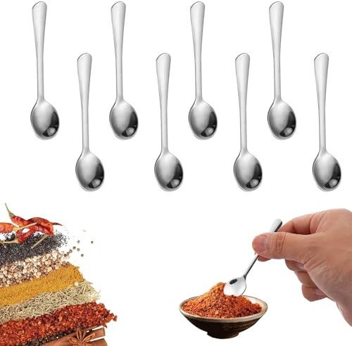 Mini cucharas de acero inoxidable 8 unidades, cucharillas pequeñas de metal para especias, salsas y azúcar, color plateado brillante, diseño ergonómico para cocina y mesa