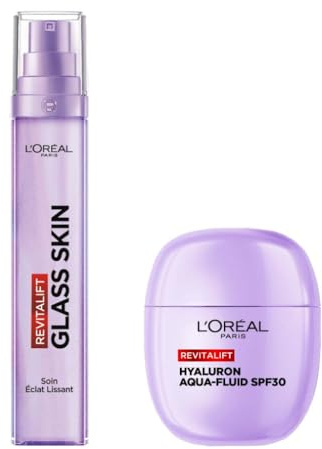 L'Oréal Paris - Duo Soin Éclat Lissant Visage & Aqua-Fluide SPF30 - Hydratation et Brillance - À l'Acide Hyaluronique & Vitamines B5 et Cg + B3 - Tous Types de Peau - Revitalift Filler Glass Skin