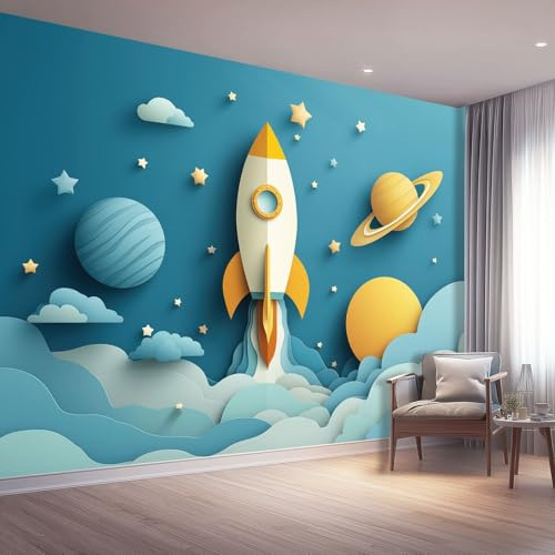 Tapete 3D Fototapete, Cartoon Rakete Weltraum Planet Muster design, Bunt Vliestapete, 3D Effekt Moderne Wandtapete Wanddekoration für Wohnzimmer Schlafzimmer Esszimmer 200 x 140 cm