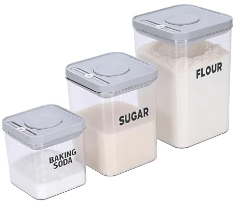 Punorric 3-Piece Flour Storage Containers - Cereal Storage Containers, Silicone Seal Push-Button Dry Food Storage Containers with lids for Dry Food/Pantry Organization