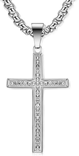 Benaton 23,6 tum silver korshänge halsband, rostfritt stål halsband för kristna kvinnor och män, korshänge hip hop smycken religiöst halsband modetillbehör silver kubanskt halsband
