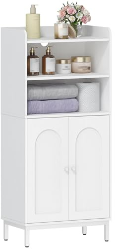 Hzuaneri Badezimmerschrank, Badschrank, 2 Verstellbarer Regalboden | Küchenschrank mit 2 offenen Fächern, 2 Türen, Freistehender Badezimmer, 20 × 37 × 84 cm, Weiß BC48213W