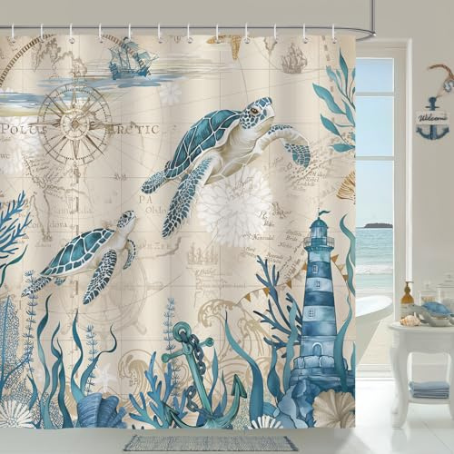 Bonhause Duschvorhang Nautische Schildkröte Maritim Meer Ozean Strand Duschvorhänge 180 x 180 cm Anti-Schimmel Wasserdicht Polyester Stoff Waschbar Bad Vorhäng für Badzimmer mit 12 Haken