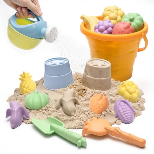 VBACALA Giochi da Spiaggia,11 Pezzi Set Giocattoli da Spiaggia per Bambini con Secchiello Pieghevole,Formine Frutta,Annaffiatoio e Palette,Giochi Spiaggia Ideali per Regalo Bambini e Bambine 3+ Anni
