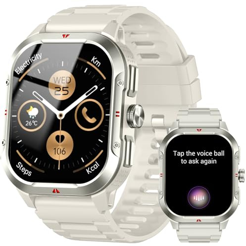 Smartwatch Herren GPS, 2.06 HD Militär Smart Watch mit Telefonfunktion, IP68 Wasserdicht Sportuhr, 110+ Sportmodi, Fitnessuhr mit Herzfrequenz Schlafmonitor Schrittzähler, Uhr für Android/iOS, Weiß