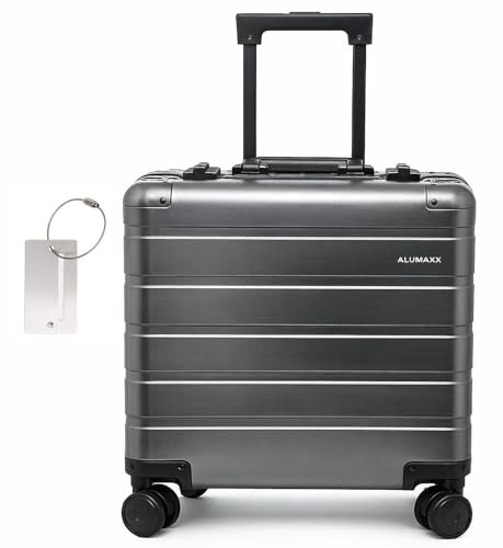 ALUMAXX 45294 Businesstrolley Gravity, Reisekoffer mit Overnight Fach, Fächermappe, TSA Schloss, Aluminium Trolley mit 4 Rollen, Rollkoffer 44 x 42 x 22,5 cm, grau + ALASSIO Aluminium Kofferanhänger