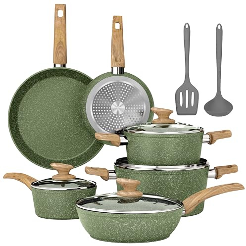 Kitchen Academy Lot Casserole et Poêle Induction 12 Pcs Batterie Cuisine | Antiadhésive en Granite Batterie de Cuisine Tout Feux, 100% Sain et Sans PFOA ni PFOS, Facile à Nettoyer