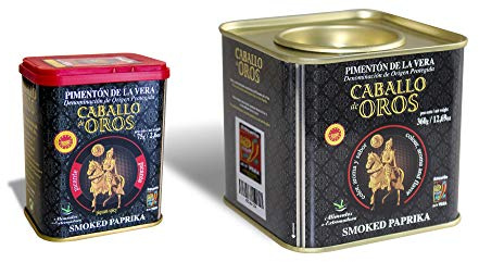 Caballo de Oros.-Pimenton ahumado de la Vera dulce en lata de 360 gr. y picante en lata de 75gr. D.O.P.