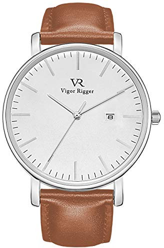 Vigor Rigger Unisex Ultra-Thin Classic Minimalist watch with Date Calendar and Soft Leather Strap Silver and brown