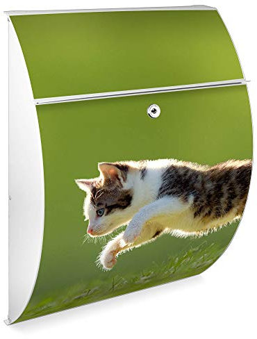 banjado Design Briefkasten - Modell Riviera 46x33,5x13cm groß - verzinkter Stahl weiß - Postkasten Öffnungsstopp großer A4 Einwurf Zylinderschloss 2 Schlüssel - Motiv Jagende Katze