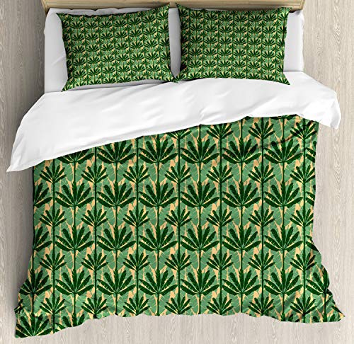 ABAKUHAUS Banana Leaf Duvet Cover Set Queen Size, Windmill Palm Trees, Decorative 3 Piece Bedding Set with 2 Pillow Sham, 220 x 220 cm - 75 x 50 cm, Pale Yellow Jade Green