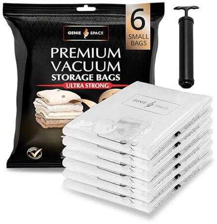 GENIE SPACE Premium Vakuumbeutel für Kleidung, Reisen & Aufbewahrung – Klein 60×40 cm, Luftdicht, Geruchsdicht & Wiederverwendbar – Doppelt versiegelt, 6er Pack mit Handpumpe