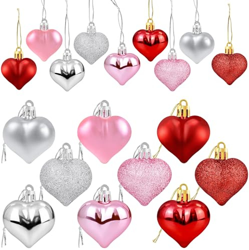 36Pcs Valentines Heart Shaped Ornaments - Valentines Heart Decorations - Red Pink Silver Glitter Heart Shaped Baubles - Romantic Christmas Valentines Tree Hanging Decorations