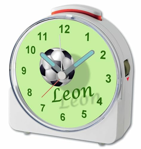 CreaDesign, WU-71-1020, Fußball 2, analog Kinderwecker weiß, Funkwecker mit Sweep-Uhrwerk und fluoreszierenden Zeiger und Licht, personlisiert mit Namen, 10,2 x 4,6 x 11 cm