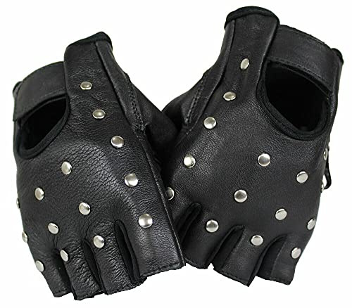 EURO STARS Biker Fingerlose Nieten Lammleder Handschuhe Schwarz, Motorcycle Fingerless Leather Gloves (M, Schwarz)