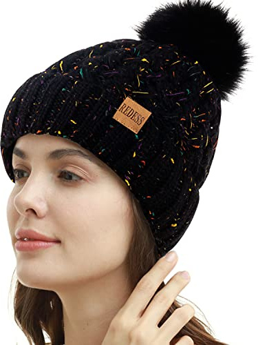 REDESS - Gorro de Invierno con pompón para Mujer, Gorros cálidos con Forro Polar, Gorro Cruzado de Punto de Nieve Holgado Grueso para Damas