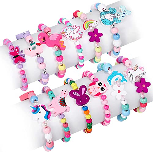 Tacobear 12 Pièces Bracelets Enfant Fille Bijoux en Bois Colorés Animaux Hibou Lapin Papillon Fleur Licorne Bracelet Amitié Cadeaux Anniversaire pour Filles