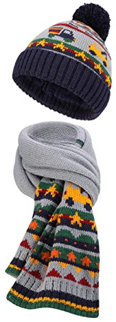 TAGVO Winter Kids Knit Bobble Hat Scarf Set, Elastic Warm Beanie Cap with Thick Cotton Lining & Warm Neck Warmer Set, Winter Thermal Soft Accessories Truck for Kid Children Girls Boys, Aged 4-7