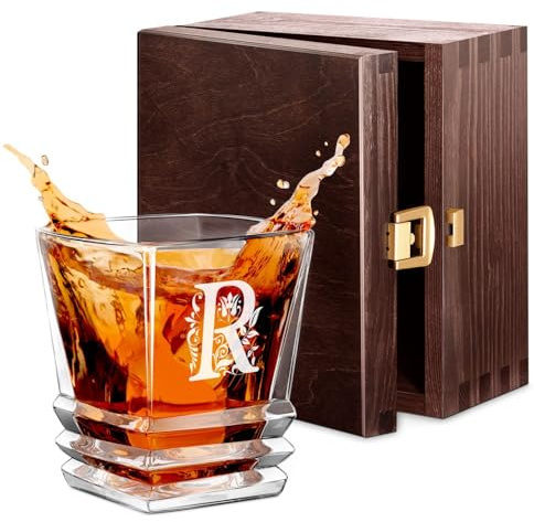 Maverton Whisky Glas mit Gravur 280 ml - Whiskyglas mit effektvollem Design - edles Kristallglas für Mann & Whiskygenießer - Bourbon Glas zum Geburtstag - Weihnachtsgeschenke - Buchstabe