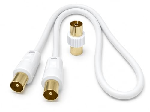 DRUT Cavo coassiale per Antenna TV RF Maschio-Maschio Corto da 50 cm con accoppiatore Femmina-Femmina, connettori Dorati 75 Ohm, 3C2V 1,6 Piedi Bianco